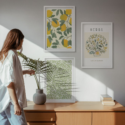 Wall art set Lemons with herbs and leaves