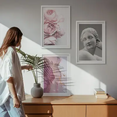 Peonies abstract woman sculpture wall art set of 3 framed pieces