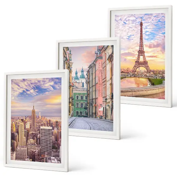 Wall art set featuring New York and Paris city twilight scenes