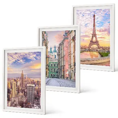 Wall art set featuring New York and Paris city twilight scenes