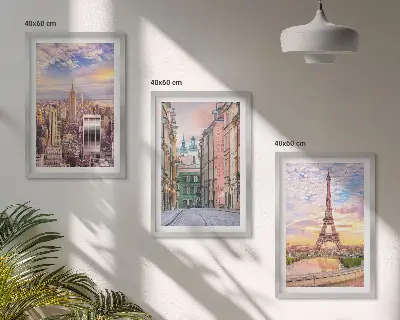 Wall art set featuring New York and Paris city twilight scenes