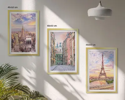 Wall art set featuring New York and Paris city twilight scenes