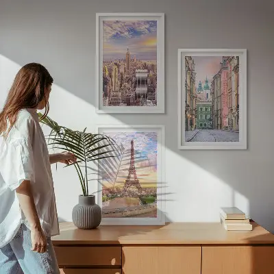 Wall art set featuring New York and Paris city twilight scenes