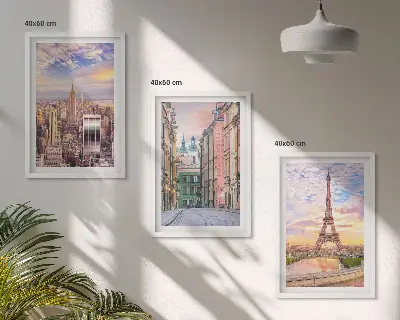 Wall art set featuring New York and Paris city twilight scenes