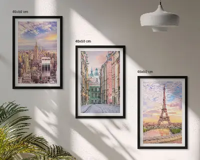 Wall art set featuring New York and Paris city twilight scenes