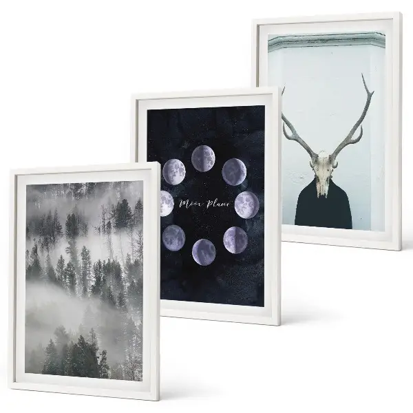 Set of 3 framed wall art pieces featuring a forest landscape with a foggy moon and deer skull