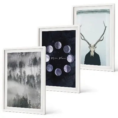 Set of 3 framed wall art pieces featuring a forest landscape with a foggy moon and deer skull