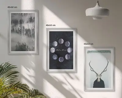 Set of 3 framed wall art pieces featuring a forest landscape with a foggy moon and deer skull