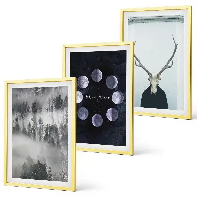 Set of 3 framed wall art pieces featuring a forest landscape with a foggy moon and deer skull