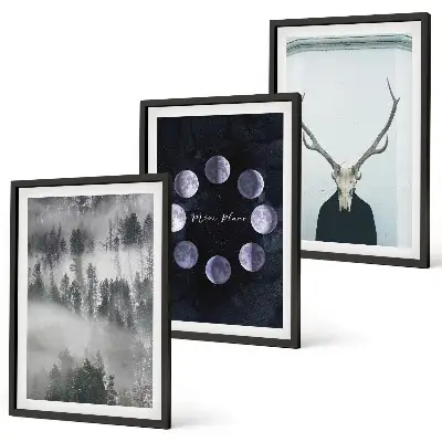 Set of 3 framed wall art pieces featuring a forest landscape with a foggy moon and deer skull