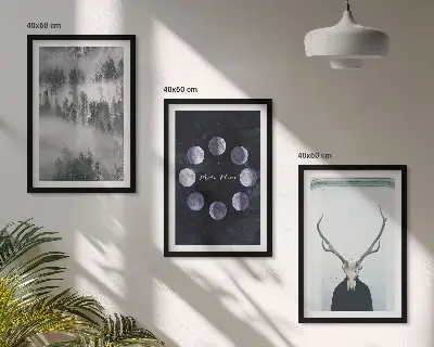 Set of 3 framed wall art pieces featuring a forest landscape with a foggy moon and deer skull