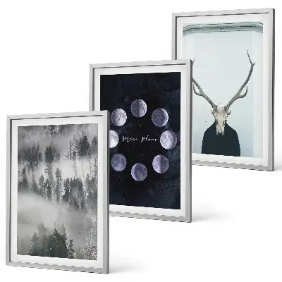 Set of 3 framed wall art pieces featuring a forest landscape with a foggy moon and deer skull