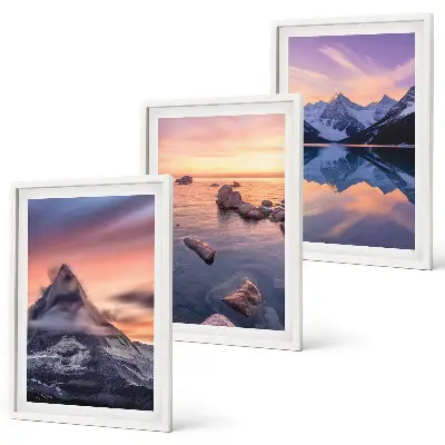 Three-piece mountain landscape wall art featuring a western lake view