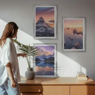 Three-piece mountain landscape wall art featuring a western lake view