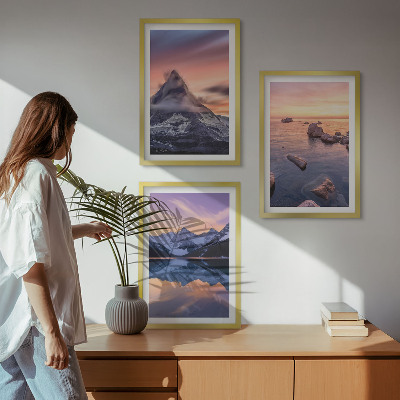 Three-piece wall art piece Mountain landscape, lake, west