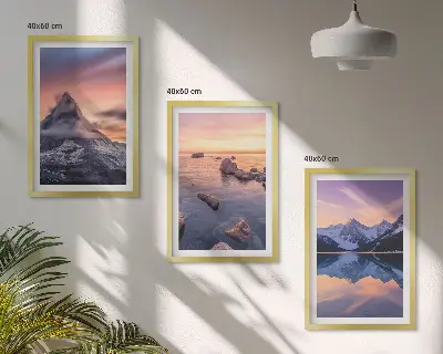 Three-piece mountain landscape wall art featuring a western lake view
