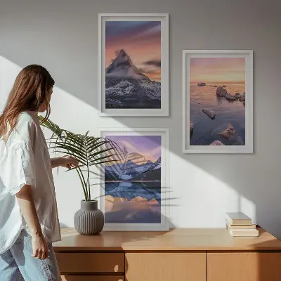 Three-piece mountain landscape wall art featuring a western lake view