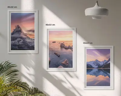 Three-piece mountain landscape wall art featuring a western lake view