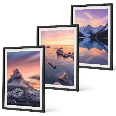Three-piece mountain landscape wall art featuring a western lake view