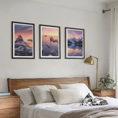 Three-piece mountain landscape wall art featuring a western lake view