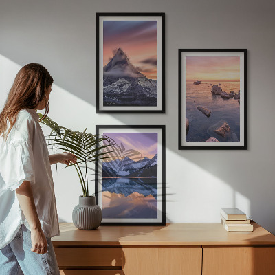 Three-piece wall art piece Mountain landscape, lake, west