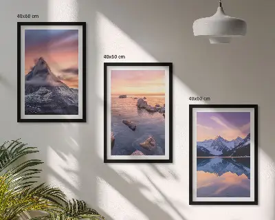 Three-piece mountain landscape wall art featuring a western lake view