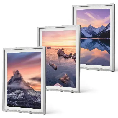 Three-piece mountain landscape wall art featuring a western lake view