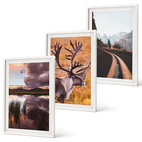 Set of 3 framed wall art pieces featuring mountain landscapes with reindeer