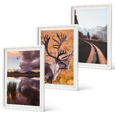 Set of 3 framed wall art pieces Mountain landscapes with reindeer