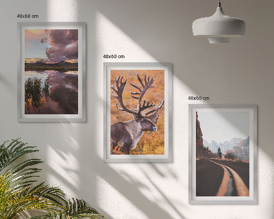 Set of 3 framed wall art pieces Mountain landscapes with reindeer