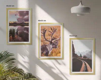 Set of 3 framed wall art pieces featuring mountain landscapes with reindeer