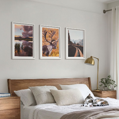 Set of 3 framed wall art pieces Mountain landscapes with reindeer