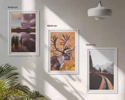 Set of 3 framed wall art pieces featuring mountain landscapes with reindeer