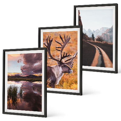 Set of 3 framed wall art pieces Mountain landscapes with reindeer