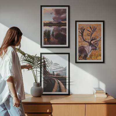 Set of 3 framed wall art pieces Mountain landscapes with reindeer