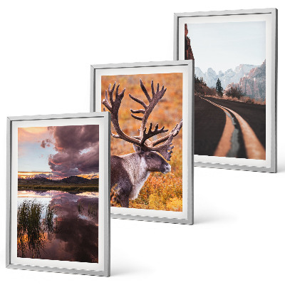 Set of 3 framed wall art pieces Mountain landscapes with reindeer