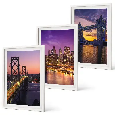 Wall art set featuring bridges, sun, and city views