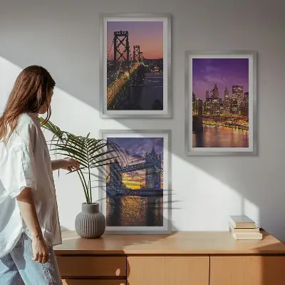 Wall art set featuring bridges, sun, and city views