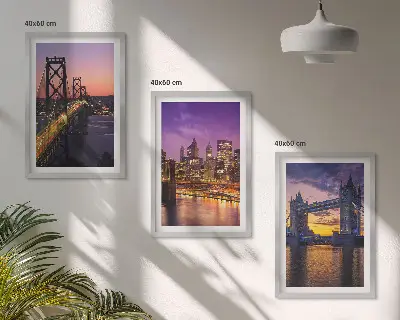 Wall art set featuring bridges, sun, and city views