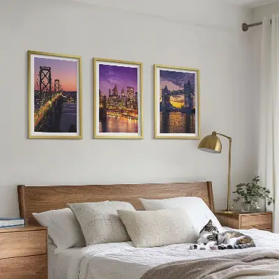 Wall art set featuring bridges, sun, and city views