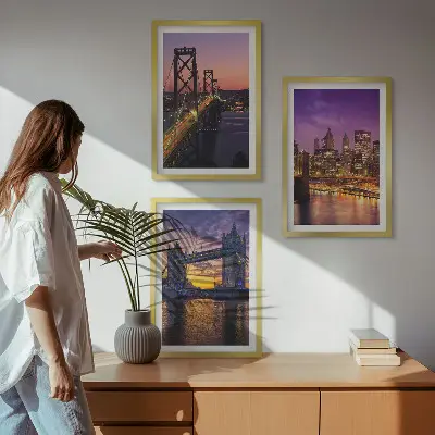 Wall art set featuring bridges, sun, and city views