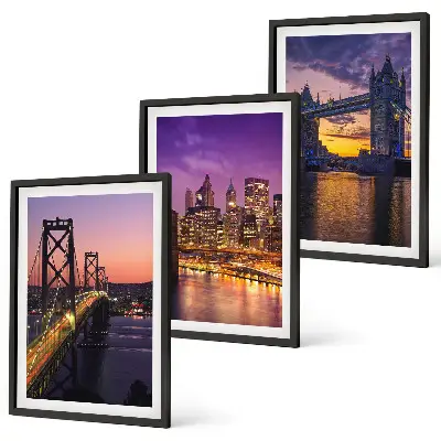 Wall art set featuring bridges, sun, and city views