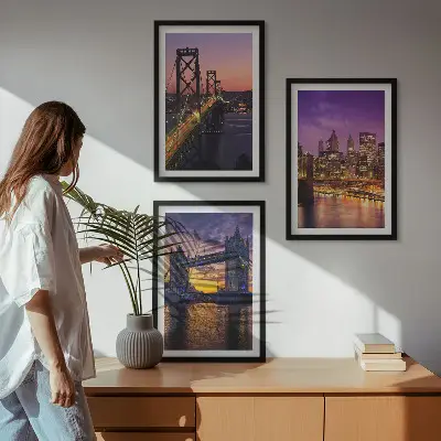 Wall art set featuring bridges, sun, and city views