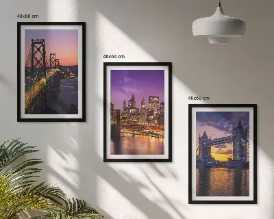Wall art set featuring bridges, sun, and city views