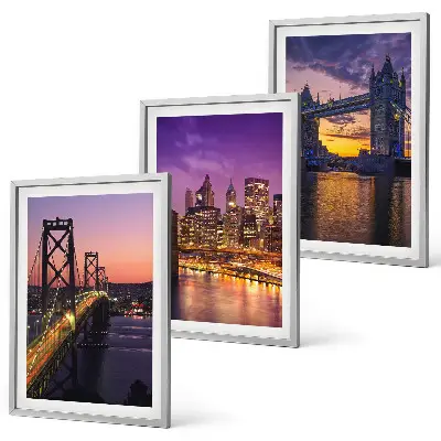 Wall art set featuring bridges, sun, and city views