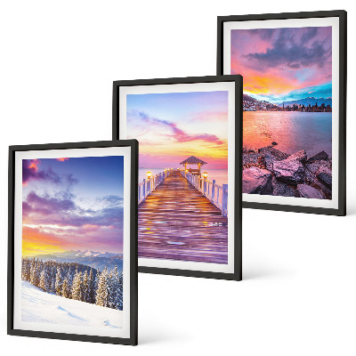 Set of 3 framed wall art pieces Winter mountain lake landscape