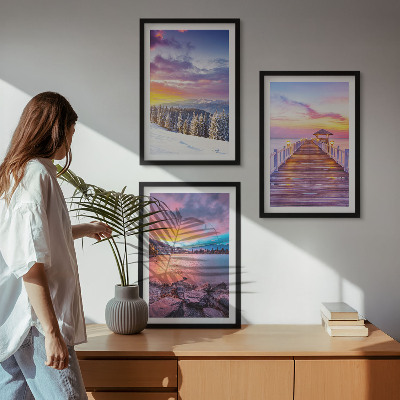 Set of 3 framed wall art pieces Winter mountain lake landscape