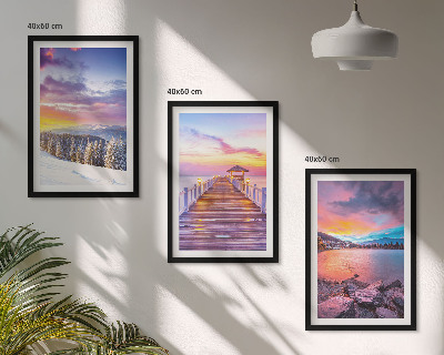 Set of 3 framed wall art pieces Winter mountain lake landscape