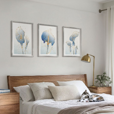 Three-piece wall art piece Blue flowers on the background