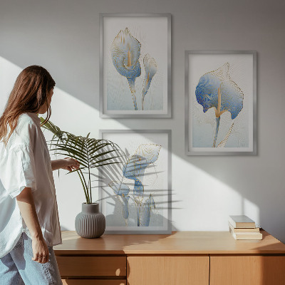 Three-piece wall art piece Blue flowers on the background
